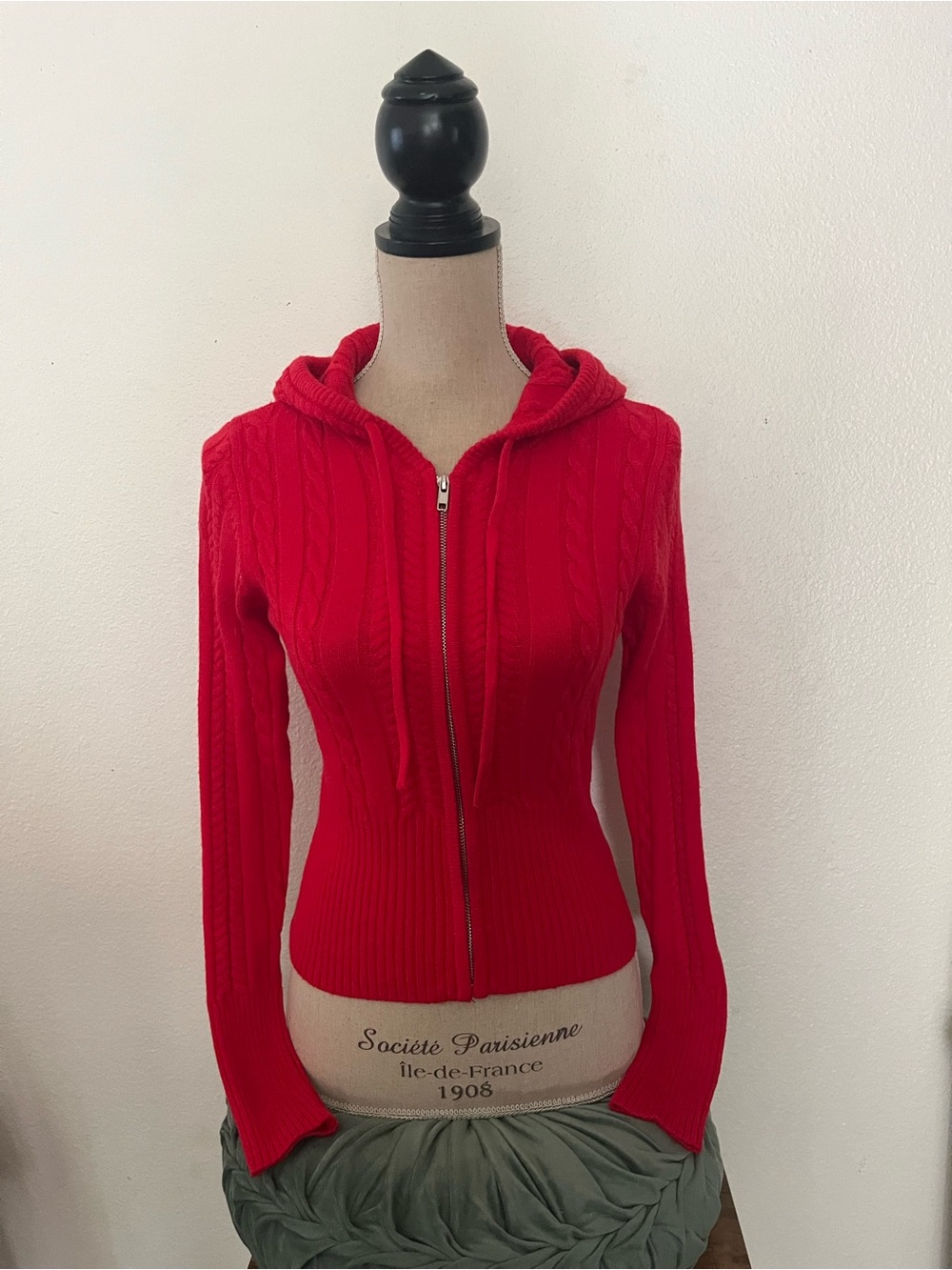Harper Red Cable-Knit Zip Hoodie Sweater